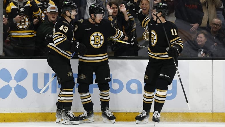Feb 29, 2024; Boston, Massachusetts, USA; Boston Bruins center Morgan Geekie (39) (center) celebrates his goal with left wing Danton Heinen (43) and center Trent Frederic (11) during the first period against the Vegas Golden Knights at TD Garden. Mandatory Credit: Winslow Townson-USA TODAY Sports