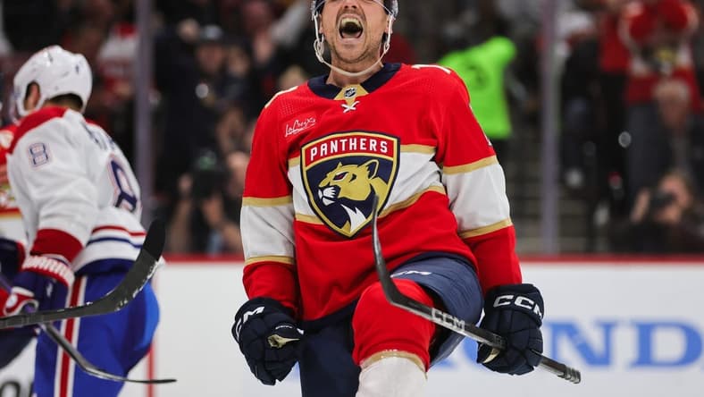Feb 29, 2024; Sunrise, Florida, USA; Florida Panthers center Sam Reinhart (13) reacts after scoring against the Montreal Canadiens during the second period at Amerant Bank Arena. Mandatory Credit: Sam Navarro-USA TODAY Sports
