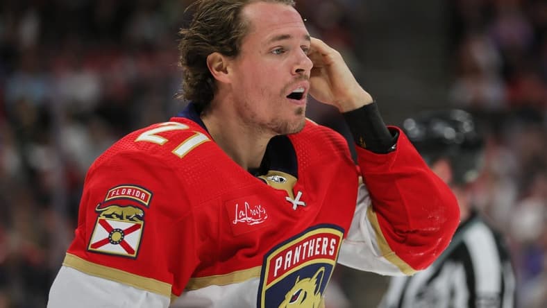 Feb 29, 2024; Sunrise, Florida, USA; Florida Panthers center Nick Cousins (21) looks on against the Montreal Canadiens during the second period at Amerant Bank Arena. Mandatory Credit: Sam Navarro-USA TODAY Sports
