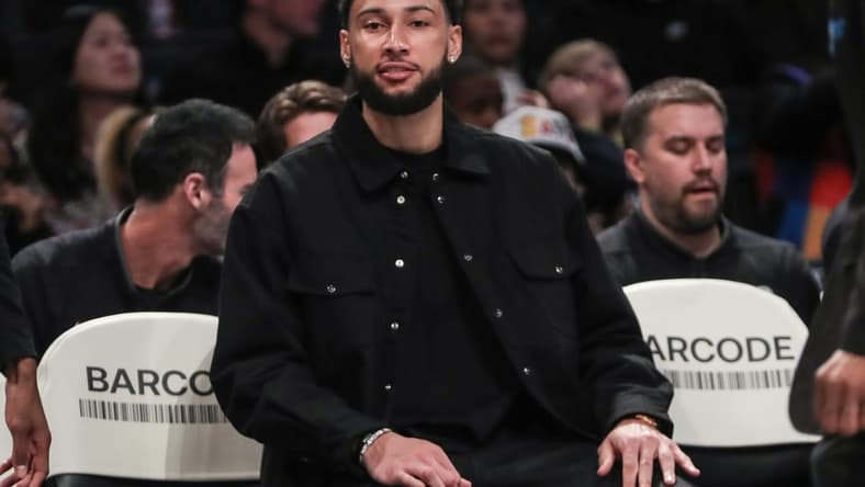 Feb 29, 2024; Brooklyn, New York, USA; Brooklyn Nets guard Ben Simmons (not in uniform) sits on the bench in the first quarter against the Atlanta Hawks at Barclays Center. Mandatory Credit: Wendell Cruz-USA TODAY Sports