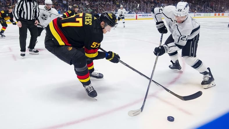Feb 29, 2024; Vancouver, British Columbia, CAN; Vancouver Canucks defenseman Tyler Myers (57) battles with Los Angeles Kings forward Kevin Fiala (22) in the first period at Rogers Arena. Mandatory Credit: Bob Frid-USA TODAY Sports