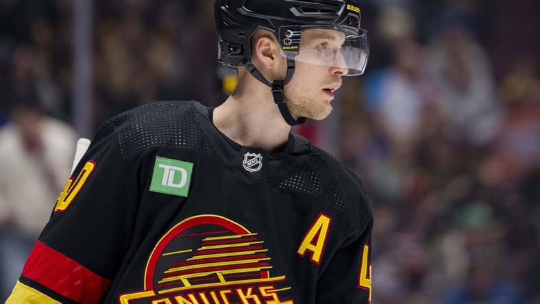 Feb 29, 2024; Vancouver, British Columbia, CAN; Vancouver Canucks forward Elias Pettersson (40) during a stop in play against the Los Angeles Kings in the first period at Rogers Arena. Mandatory Credit: Bob Frid-USA TODAY Sports