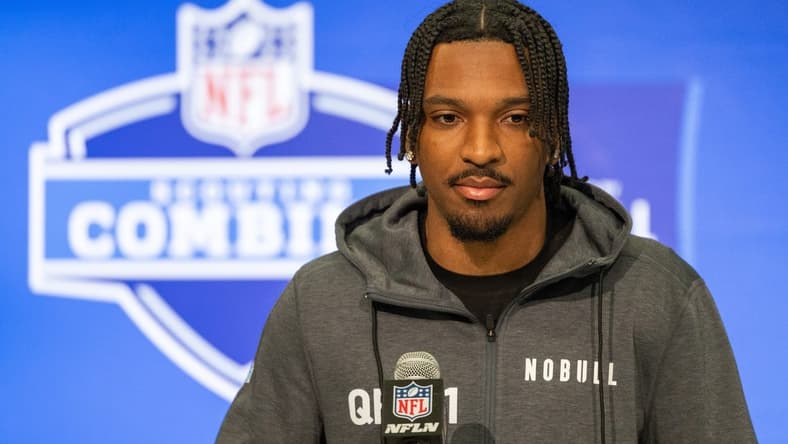 Mar 1, 2024; Indianapolis, IN, USA; Louisiana State quarterback Jayden Daniels (QB01) talks to the media during the 2024 NFL Combine at Lucas Oil Stadium. Mandatory Credit: Trevor Ruszkowski-USA TODAY Sports