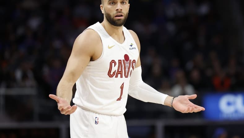 Mar 1, 2024; Detroit, Michigan, USA; Cleveland Cavaliers guard Max Strus (1) reacts during the first half against the Detroit Pistons at Little Caesars Arena. Mandatory Credit: Rick Osentoski-USA TODAY Sports