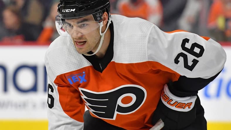 Feb 27, 2024; Philadelphia, Pennsylvania, USA; Philadelphia Flyers defenseman Sean Walker (26) against the Tampa Bay Lightning at Wells Fargo Center. Mandatory Credit: Eric Hartline-USA TODAY Sports