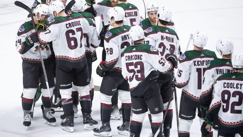 Mar 1, 2024; Ottawa, Ontario, CAN; The Arizona Coyotes celebrate their win against the Ottawa Senators at the Canadian Tire Centre. Mandatory Credit: Marc DesRosiers-USA TODAY Sports