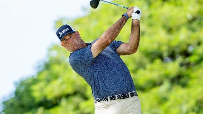 January 13, 2024; Honolulu, Hawaii, USA; Stewart Cink hits his tee shot on the second hole during the third round of the Sony Open in Hawaii golf tournament at Waialae Country Club. Mandatory Credit: Kyle Terada-USA TODAY Sports