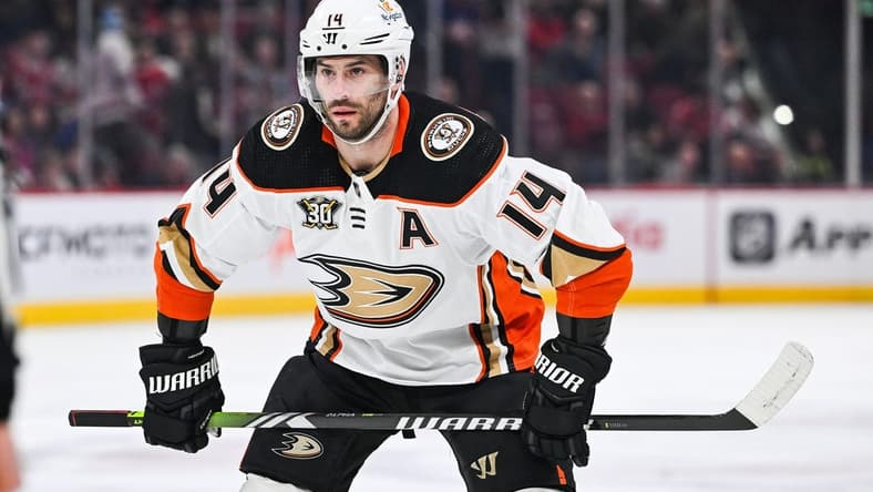 Feb 13, 2024; Montreal, Quebec, CAN; Anaheim Ducks center Adam Henrique (14) waits for a face-off against the Montreal Canadiens during the first period at Bell Centre. Mandatory Credit: David Kirouac-USA TODAY Sports