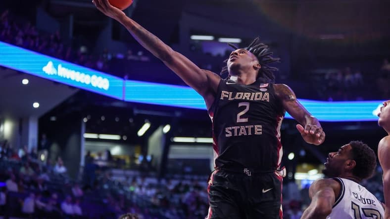 Mar 2, 2024; Atlanta, Georgia, USA; Florida State Seminoles forward Jamir Watkins (2) shoots against the Georgia Tech Yellow Jackets in the first half at McCamish Pavilion. Mandatory Credit: Brett Davis-USA TODAY Sports