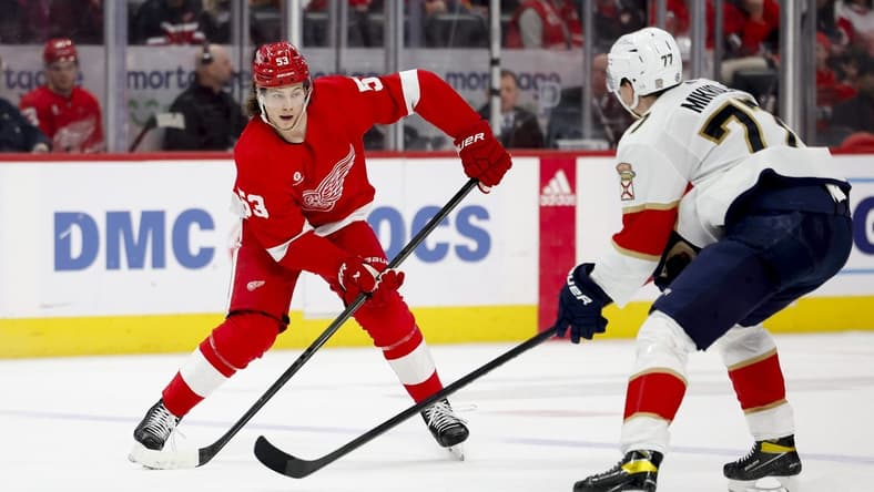 Mar 2, 2024; Detroit, Michigan, USA; Detroit Red Wings defenseman Moritz Seider (53) controls the puck while defended by Florida Panthers defenseman Niko Mikkola (77) in the second period at Little Caesars Arena. Mandatory Credit: Rick Osentoski-USA TODAY Sports defense
