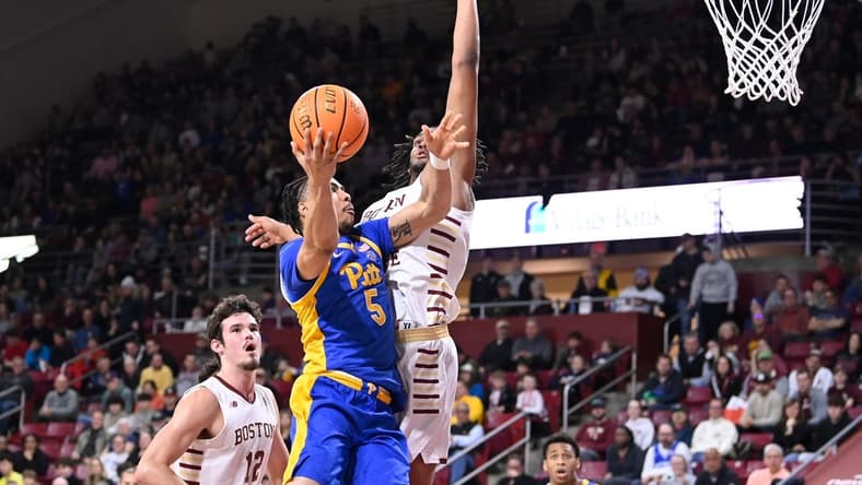 Mar 2, 2024; Chestnut Hill, Massachusetts, USA; Pittsburgh Panthers guard Ishmael Leggett (5) shoots a lay up against the Boston College Eagles during the first half at Conte Forum. Mandatory Credit: Eric Canha-USA TODAY Sports