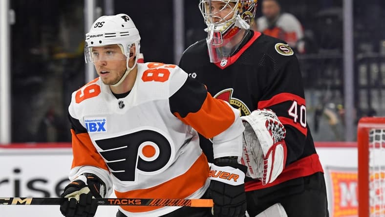 Mar 2, 2024; Philadelphia, Pennsylvania, USA; Philadelphia Flyers right wing Cam Atkinson (89) in front of Ottawa Senators goaltender Mads Sogaard (40) during the first period at Wells Fargo Center. Mandatory Credit: Eric Hartline-USA TODAY Sports