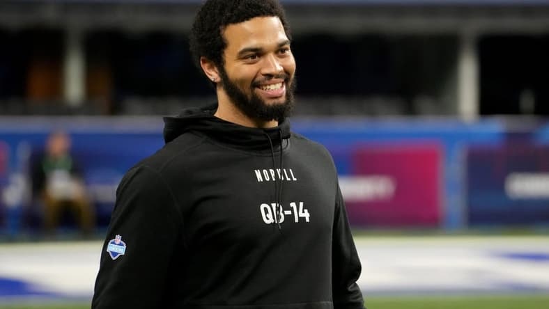 Mar 2, 2024; Indianapolis, IN, USA; Southern California quarterback Caleb Williams (QB14) during the 2024 NFL Combine at Lucas Oil Stadium. Mandatory Credit: Kirby Lee-USA TODAY Sports