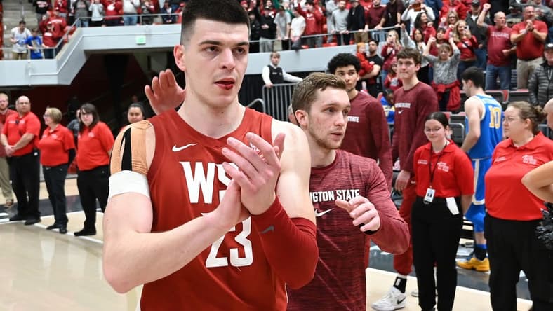 Mar 2, 2024; Pullman, Washington, USA; Washington State Cougars forward Andrej Jakimovski (23) walks off the court after a game against the UCLA Bruins at Friel Court at Beasley Coliseum. Washington State Cougars won 77-65. Mandatory Credit: James Snook-USA TODAY Sports