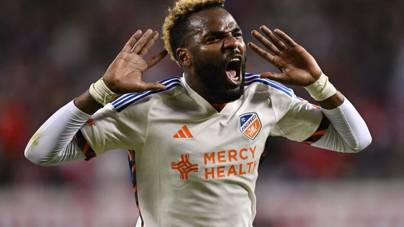 Mar 2, 2024; Chicago, Illinois, USA; FC Cincinnati forward Aaron Boupendza (9) celebrates after scoring against the Chicago Fire FC in the first half at Soldier Field. Mandatory Credit: Jamie Sabau-USA TODAY Sports