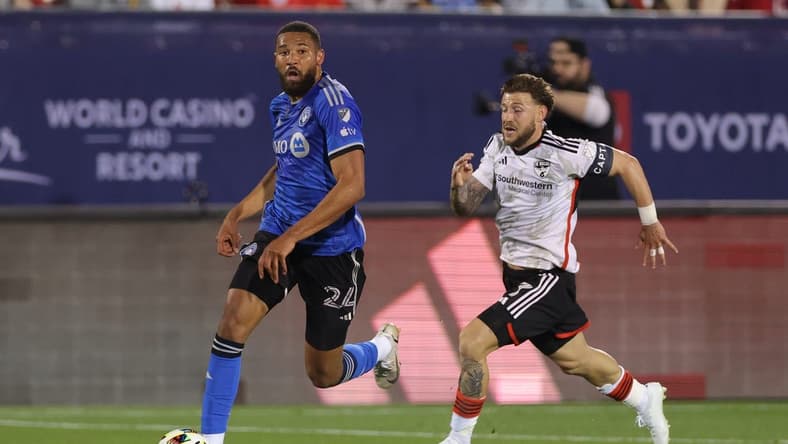 Mar 2, 2024; Frisco, Texas, USA; CF Montreal defender George Campbell (24) controls the ball against FC Dallas forward Paul Arriola (7) during the first half at Toyota Stadium. Mandatory Credit: Andrew Dieb-USA TODAY Sports