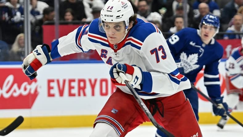 Mar 2, 2024; Toronto, Ontario, CAN;  New York Rangers forward Matt Rempe (73) pursues the play against the Toronto Maple Leafs in the third period at Scotiabank Arena. Mandatory Credit: Dan Hamilton-USA TODAY Sports
