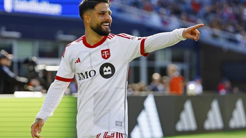 Mar 3, 2024; Foxborough, Foxborough, USA; Toronto FC forward Lorenzo Insigne (24) celebrates after scoring a goal against the New England Revolution during the first half at Gillette Stadium. Mandatory Credit: Winslow Townson-USA TODAY Sports