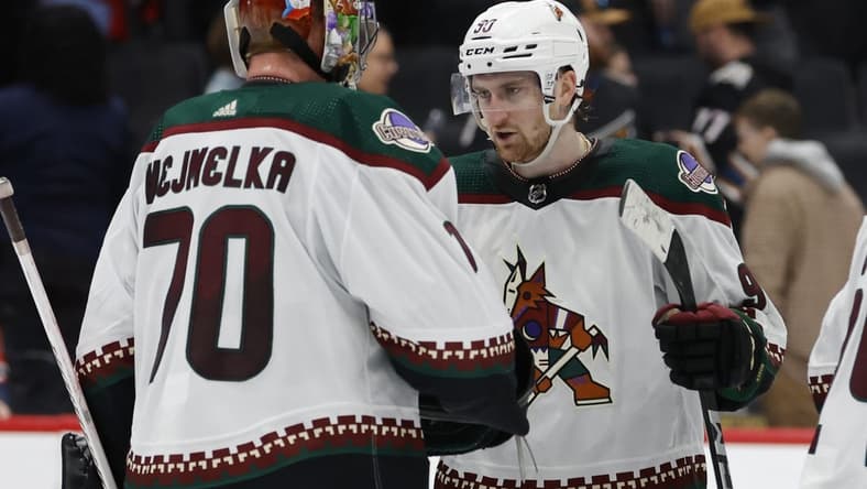 Mar 3, 2024; Washington, District of Columbia, USA; Arizona Coyotes goaltender Karel Vejmelka (70) celebrates with Coyotes defenseman J.J. Moser (90) after their game against the Washington Capitals at Capital One Arena. Mandatory Credit: Geoff Burke-USA TODAY Sports
