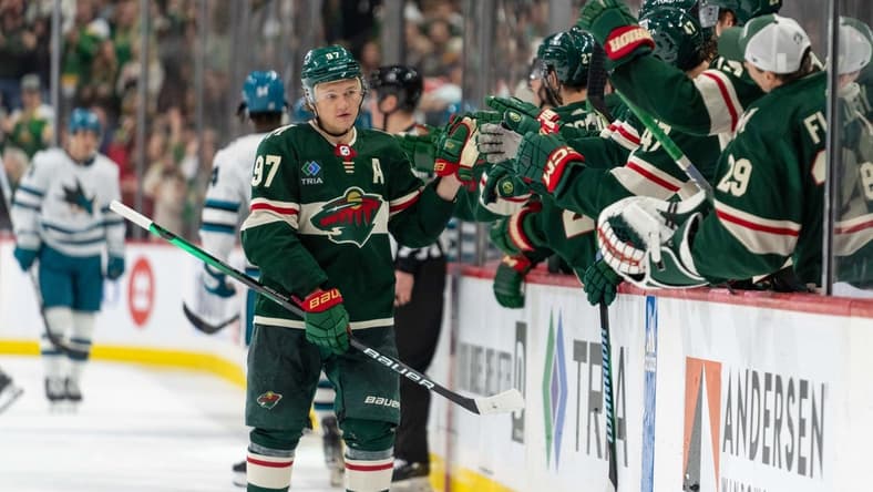 Mar 3, 2024; Saint Paul, Minnesota, USA; Minnesota Wild left wing Kirill Kaprizov (97) celebrates his second goal of the game against the San Jose Sharks in the third period at Xcel Energy Center. Mandatory Credit: Matt Blewett-USA TODAY Sports