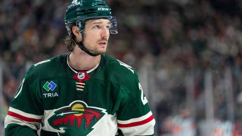 Mar 3, 2024; Saint Paul, Minnesota, USA; Minnesota Wild right wing Brandon Duhaime (21) during a break in the action agains the San Jose Sharks in the third period at Xcel Energy Center. Mandatory Credit: Matt Blewett-USA TODAY Sports