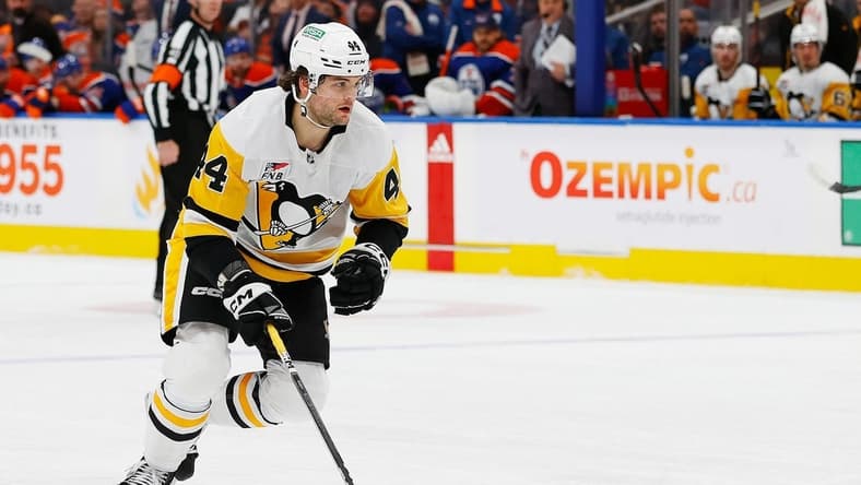 Mar 3, 2024; Edmonton, Alberta, CAN; Pittsburgh Penguins forward Jonathan Gruden (44) follows the play against the Edmonton Oilers at Rogers Place. Mandatory Credit: Perry Nelson-USA TODAY Sports
