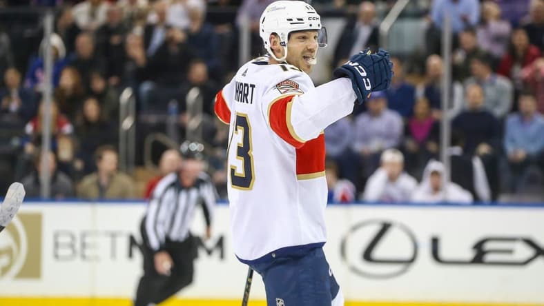 Mar 4, 2024; New York, New York, USA; Florida Panthers center Sam Reinhart (13) celebrates after scoring a goal in the second period against the New York Rangers at Madison Square Garden. Mandatory Credit: Wendell Cruz-USA TODAY Sports