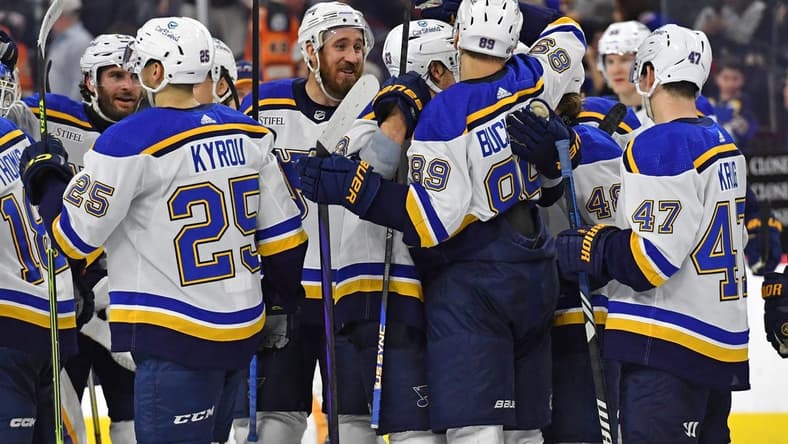 Mar 4, 2024; Philadelphia, Pennsylvania, USA; St. Louis Blues left wing Pavel Buchnevich (89) celebrates his game-winning goal with teammates in the shootout against the Philadelphia Flyers at Wells Fargo Center. Mandatory Credit: Eric Hartline-USA TODAY Sports