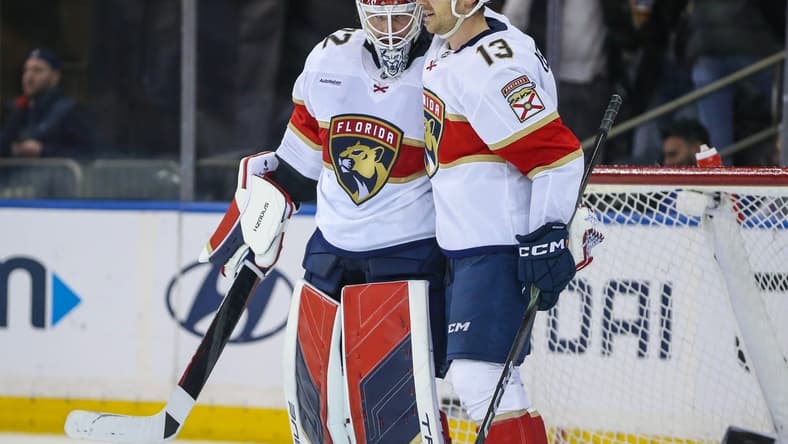 Mar 4, 2024; New York, New York, USA;  Florida Panthers center Sam Reinhart (13) celebrates with goaltender Sergei Bobrovsky (72) after defeating the New York Rangers 4-2 at Madison Square Garden. Mandatory Credit: Wendell Cruz-USA TODAY Sports