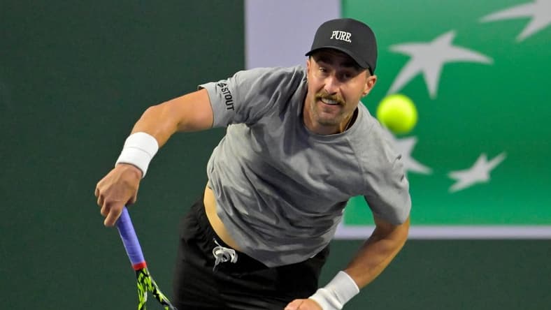 Mar 4, 2024; Indian Wells, CA, USA; Steve Johnson (USA) hits a shot during his qualifying match against Emilio Nava (USA) in the BNP Paribas Open at the Indian Wells Tennis Garden. Mandatory Credit: Jayne Kamin-Oncea-USA TODAY Sports