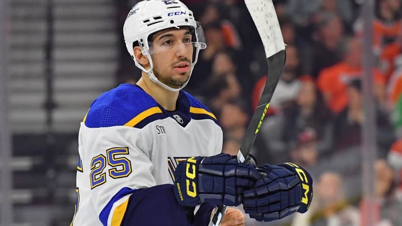 Mar 4, 2024; Philadelphia, Pennsylvania, USA; St. Louis Blues center Jordan Kyrou (25) against the Philadelphia Flyers at Wells Fargo Center. Mandatory Credit: Eric Hartline-USA TODAY Sports