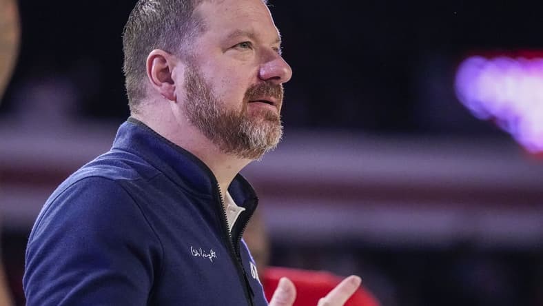 Mar 5, 2024; Athens, Georgia, USA; Mississippi Rebels head coach Chris Beard reacts on the sideline against the Georgia Bulldogs during the second half at Stegeman Coliseum. Mandatory Credit: Dale Zanine-USA TODAY Sports