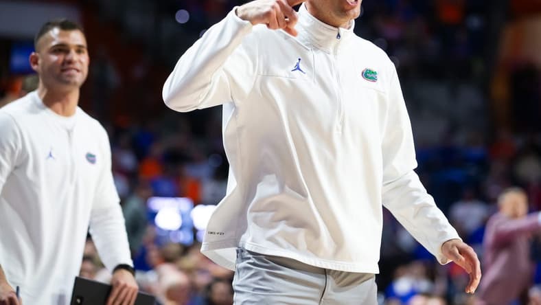Florida Gators head coach Todd Golden reacts to a foul call during the second half. The Florida men   s basketball team hosted the Alabama Crimson Tied at Exactech Arena at the Stephen C. O   Connell Center in Gainesville, FL on Tuesday, March 5, 2024. [Doug Engle/Ocala Star Banner]