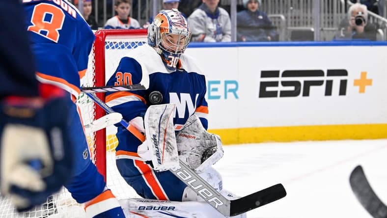 Mar 5, 2024; Elmont, New York, USA; New York Islanders goaltender Ilya Sorokin (30) makes a save against the St. Louis Blues during the third period at UBS Arena. Mandatory Credit: Dennis Schneidler-USA TODAY Sports