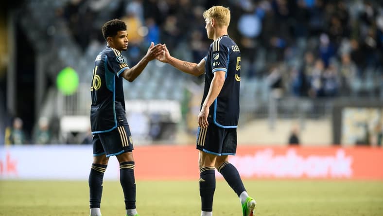Mar 5, 2024; Chester, PA, USA; Philadelphia Union defenders Nathan Harriel (26) and Jakob Glesnes (5) shake hands after the game against C.F. Pachuca at Subaru Park. Mandatory Credit: Caean Couto-USA TODAY Sports