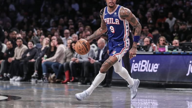 Mar 5, 2024; Brooklyn, New York, USA; Philadelphia 76ers guard Kelly Oubre Jr. (9) brings the ball up court in the second quarter against the Brooklyn Nets at Barclays Center. Mandatory Credit: Wendell Cruz-USA TODAY Sports