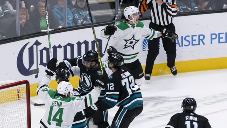 Mar 5, 2024; San Jose, California, USA; Dallas Stars center Wyatt Johnston (53) reacts after scoring against the San Jose Sharks during the third period at SAP Center at San Jose. Mandatory Credit: John Hefti-USA TODAY Sports