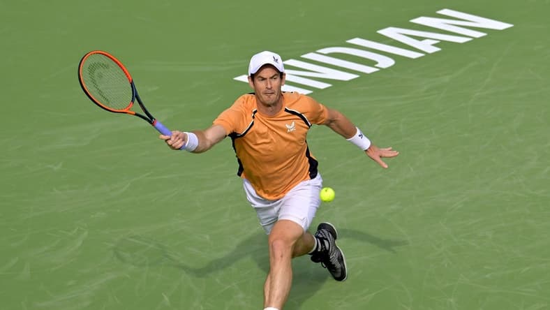 Mar 6, 2024; Indian Wells, CA, USA; Andy Murray (GBR) hits a shot in his first round match against David Goffin (BEL) the BNP Paribas Open at the Indian Wells Tennis Garden. Mandatory Credit: Jayne Kamin-Oncea-USA TODAY Sports