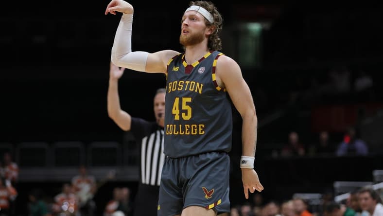 Mar 6, 2024; Coral Gables, Florida, USA; Boston College Eagles guard Mason Madsen (45) watches his shot against the Miami Hurricanes during the first half at Watsco Center. Mandatory Credit: Sam Navarro-USA TODAY Sports