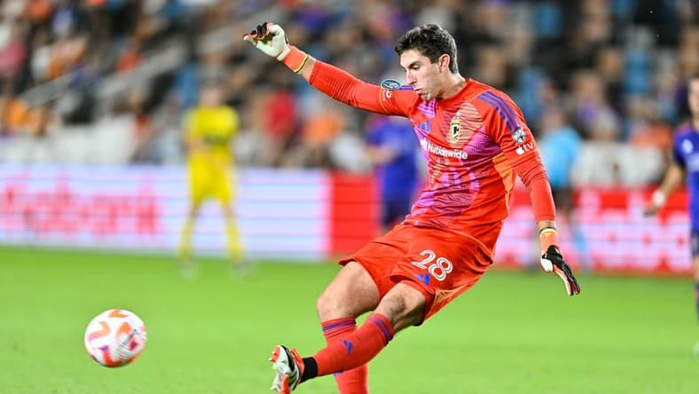 Columbus Crew goalkeeper Patrick Schulte (28) clears the balll during the second half against Houston Dynamo FC at Shell Energy Stadium. Mandatory Credit: Maria Lysaker-USA TODAY Sports
