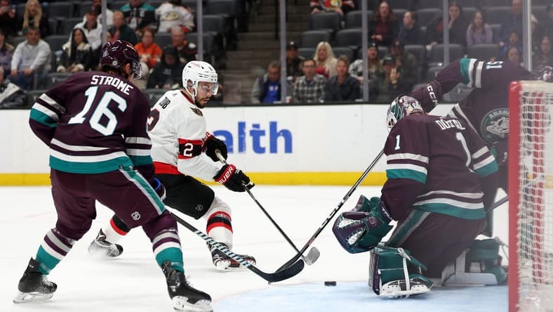Mar 6, 2024; Anaheim, California, USA; Ottawa Senators defenseman Artem Zub (2) fights for the puck against Anaheim Ducks goaltender Lukas Dostal (1) during the first period at Honda Center. Mandatory Credit: Kiyoshi Mio-USA TODAY Sports