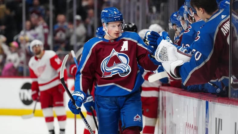 Mar 6, 2024; Denver, Colorado, USA; Colorado Avalanche defenseman Cale Makar (8) celebrates his goal in the first period against the Detroit Red Wings at Ball Arena. Mandatory Credit: Ron Chenoy-USA TODAY Sports