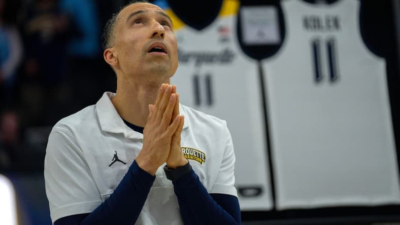 Marquette head coach Shaka Smart watches video highlights of guard Tyler Kolek and forward Oso Ighodaro being on senior day before their game against UConn Wednesday, March 6, 2024 at Fiserv Forum in Milwaukee, Wisconsin.