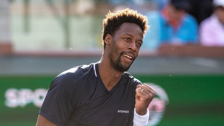 Gael Monfils celebrates winning his first-round match against Max Purcell at the BNP Paribas Open in Indian Wells, Calif., Thursday, March 7, 2024.