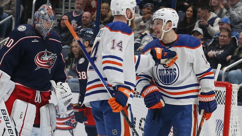 Mar 7, 2024; Columbus, Ohio, USA; Edmonton Oilers center Zach Hyman (18) celebrates his goal against the Columbus Blue Jackets during the second period at Nationwide Arena. Mandatory Credit: Russell LaBounty-USA TODAY Sports