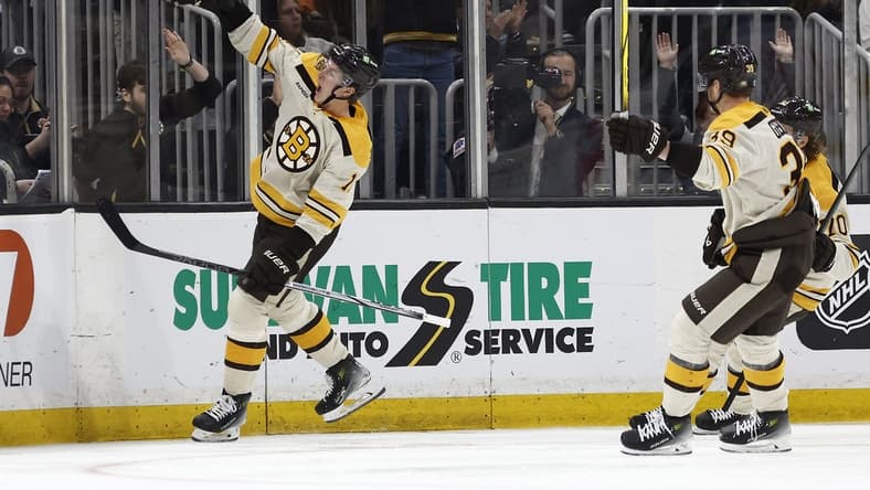 Mar 7, 2024; Boston, Massachusetts, USA; Boston Bruins center Trent Frederic (11) celebrates his goal against the Toronto Maple Leafs during the second period at TD Garden. Mandatory Credit: Winslow Townson-USA TODAY Sports