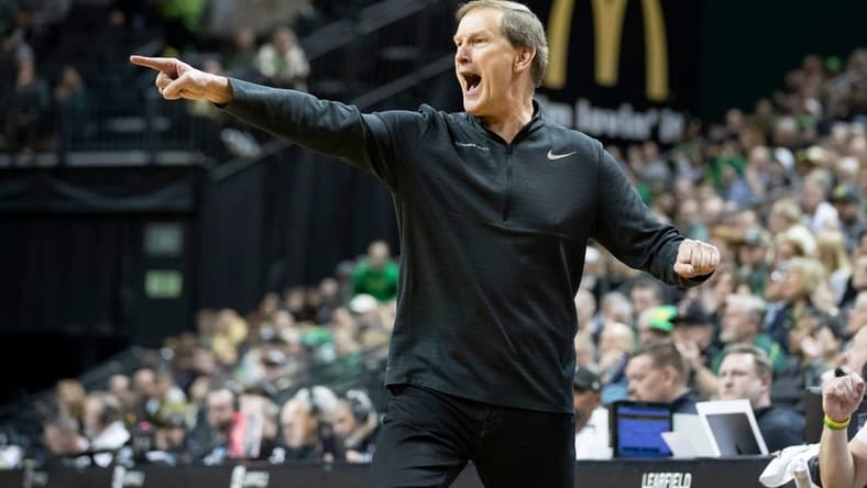 Oregon head coach Dana Altman yells to his team as the Oregon Ducks host the Colorado Buffaloes Thursday, March 7, 2024 at Matthew Knight Arena in Eugene, Ore.