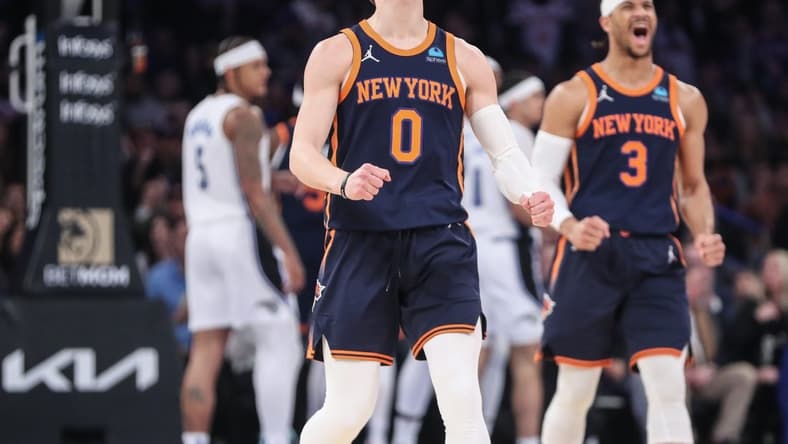 Mar 8, 2024; New York, New York, USA;  New York Knicks guard Donte DiVincenzo (0) celebrates in the first quarter against the Orlando Magic at Madison Square Garden. Mandatory Credit: Wendell Cruz-USA TODAY Sports