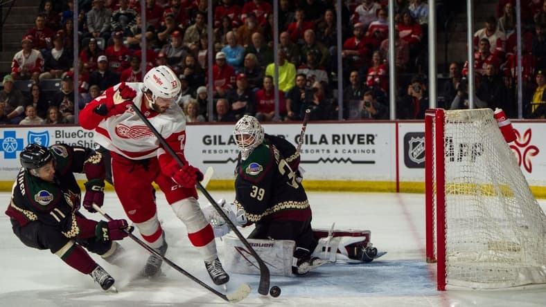 Mar 8, 2024; Tempe, Arizona, USA; Detroit Red Wings forward is unable to score against Arizona Coyotes forward Dylan Guenther (11) and goalie Connor Ingram (39) in the first period at Mullett Arena. Mandatory Credit: Allan Henry-USA TODAY Sports
