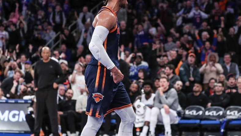 Mar 8, 2024; New York, New York, USA; New York Knicks guard Josh Hart (3) celebrates after scoring in the fourth quarter against the Orlando Magic at Madison Square Garden. Mandatory Credit: Wendell Cruz-USA TODAY Sports